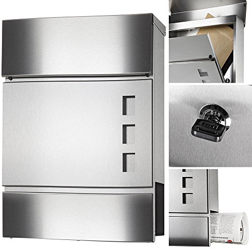 Melko Design Briefkasten mit Zeitungsfach aus poliertem Edelstahl, 37 x 11 x 36,5 cm, Edelstahl