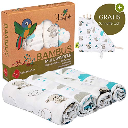 Tabalino  Traumhaft Weiche Bambus Mullwindeln Spucktücher für dein Baby  80x80cm  4er-Pack mit Schmusetuch  Mulltücher Junge  blau hellblau  Stoffwindeln aus Musselin  Moltontücher Baumwolle