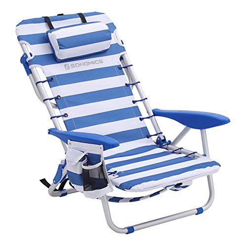 SONGMICS Strandstuhl mit Kopfkissen, Aluminium, tragbarer Klappstuhl, Campingstuhl, faltbar und verstellbar, wie EIN Rucksack tragbar, Outdoor-Stuhl, blau-weiß gestreift GCB62BU