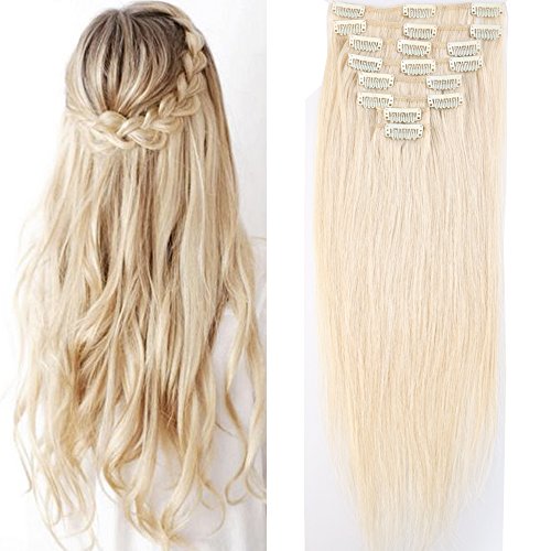Clip In Extensions Echthaar 40cm - Remy Haarverlängerung 8 Tressen 65g - (#60 Platinum Blonde)