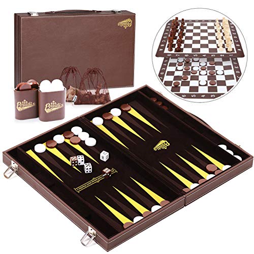 Peradix Backgammon - Schachspiel Schach - Dame 3 in 1, 46.6x38.2 Großes Schachbrett, Luxus Lederner Koffer