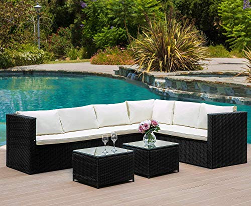 Merax Rattan Lounge Möbel Set Outdoor Polyrattan Gartenmöbel Set 6-Sitzer Eckofa Terrasse Set Sitzgruppe Balkon möbel Garnitur mit Abnehmbare Kissen & Gehärtetem Glas Tischplatte