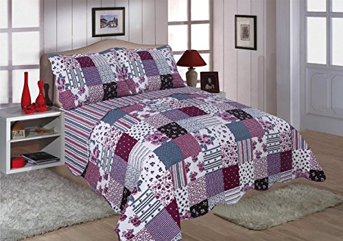 Restmor Tagesdecke Steppdecke mit Quilt Patchwork Design, Zweiseitig - Gesteppter Bettüberwurf - Erhältlich in 3 Größen mit Kissenbezug - Freya (Double inkl. 2 Kissenbezüge)