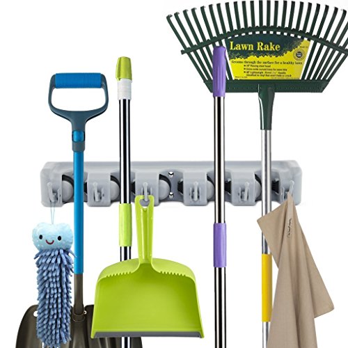 Newdora Besen Mop Halter, Gerätehalter Wandhalterung, Mop Halter ,Mop und Broom Holder Organizer, Wall Rack Rakes,Broom Mop Rack, Ordnungsleiste Wandhalter mit 5 Haken und 6 Schnellspannern für Mopp ,Besen und Gartenwerkzeug usw