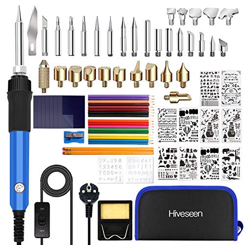 Hiveseen 76PCs Brandmalerei Lötkolben Set, 60W Einstellbare Temperatur, 140cm Stromkabel mit Schalter,Brandmalkolben mit 33 Tipps und Schablonen Buchstaben,Pencils,Brennstift Werkzeug für Holz Leder