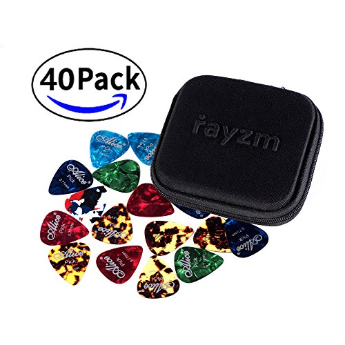 Rayzm Guitar Picks Plektren 40 Stück in Einem Robusten Stofftasche, Premium Qualität, Sortiert, Celluloid Picks für Gitarre und Bass. Verschiedenen Farben & 6 verschiedene Dicken