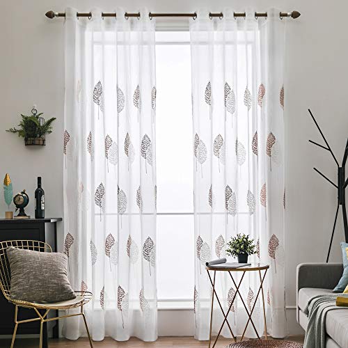 MIULEE Voile Blatt Stickerei Vorhang mit Ösen transparent Gardine 2 Stücke Ösenvorhang Gaze paarig schals Fensterschal Vorhänge für Wohnzimmer Schlafzimmer 225 cm x 140 cm(H x B) 2er-Set