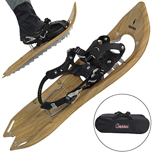 ALPIDEX Schneeschuhe Holzoptik Vintage mit Steighilfe und inkl. Tragetasche - geeignet für Schuhgröße 35 bis 45 ; wahlweise mit oder ohne Stöcke erhältlich, Farbe:Brown Timber - ohne Stöcke