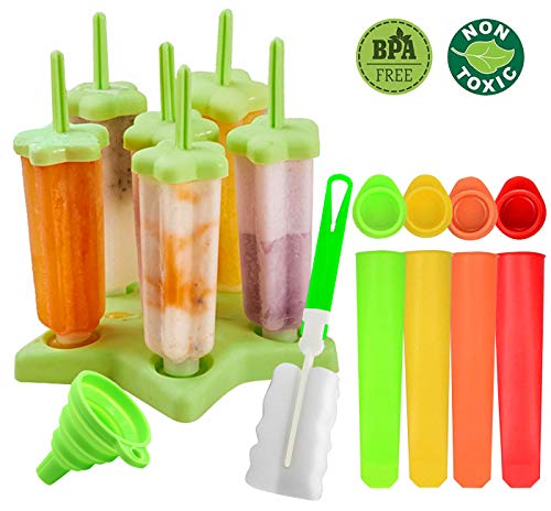 Gyvazla Eisformen, 6 Stück Eisformen Popsicle Formen Set, 4 Stück Silikon Stück Eislutscher Formen, Silikon mit Trichter, Reinigungsbürste