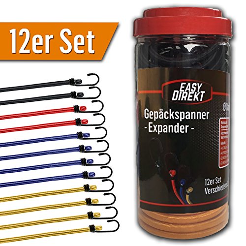 12er Set PREMIUM Gepäckspanner / Expander / Spanngurte - ELASTISCH - mit STAHL-HAKEN - in versch. LÄNGEN + FARBEN - inkl. AUFBEWAHRUNGSBOX und ZUFRIEDENHEITSGARANTIE