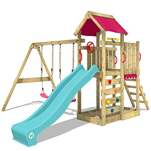 WICKEY Spielturm MultiFlyer Garten Kletterturm mit Doppelschaukel, Rutsche, Sandkasten und viel Zubehör