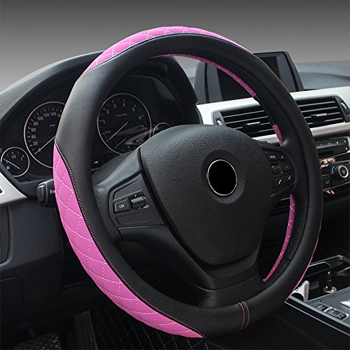 Universal Auto Lenkradhülle Lenkrad Abdeckung Lenkradbezug aus Mikrofaser echtes Leder 38CM / 15'' Anti Rutsch Atmungsaktiv Lenkradabdeckung Lenkradschoner - Schwarz & Pink