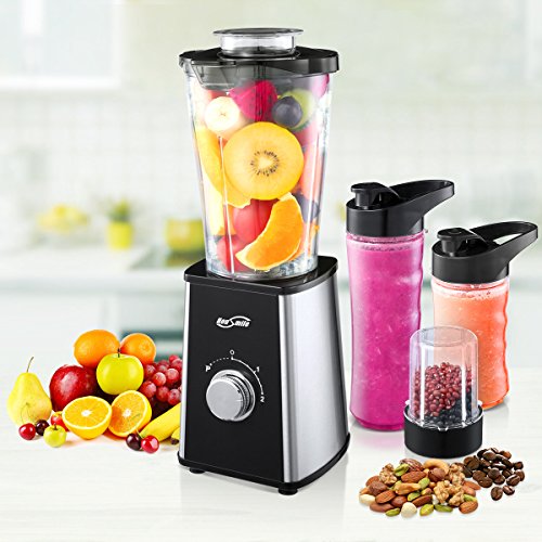 Housmile Mix & Go Standmixer, leistungsstarker Smoothiemaker mit Edelstahlmesser, zwei BPA-freie Tritan Trinkflaschen und extra Mahlbecher, 300 W, spülmaschinenfester Miniblender, Silber-Schwarz