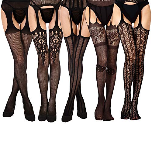 5 Paar Reizvolle Strapsen Strümpfe mit gürtel Damen sexy Schwarz Dessous halterlose Netzstrümpfe Netzstrumpfhose MEHRWEG
