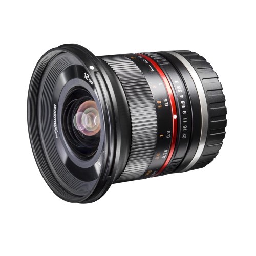 Walimex pro 12mm f1:2,0 Festbrennweite manueller Fokus Weitwinkelobjektiv für Sony E Mount, Kamera Objektiv lichtstark für Systemkamera für A5000 A5100 A6000 A6300 A6500 Serie, Nex, schwarz