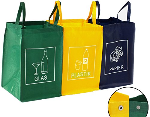 3er Set Mülltrennsystem Abfalltrenner für Papier, Plastik und Glas mit praktischem Transportgriff