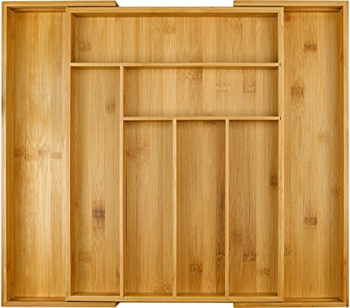 Harcas Besteckkasten aus Bambus. Schubladeneinsatz mit 6-8 Fächern. Großer, ausziehbarer Küchenorganizer. Auf bis zu 50cm x 43cm x 5cm ausziehbar