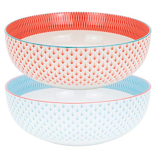 Nicola Spring Große, gemusterte Obst-/Salatschüssel - 1 x Hellblau & 1 x Koralle/Orange Azteken-Design - 284 mm - 2er-Set