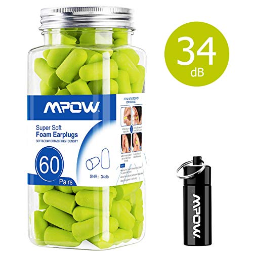 【Verbesserte】 Mpow 055A Ohrstöpsel Gehörschutz 60 Paar, 34dB SNR-Gehörschutzstöpsel mit Tragbarer Aluminium-Box, Weichen Schaumstoffstöpsel für Schlafen, Schnarchen, BAU, Schießen, Arbeit, Lernen-Grün