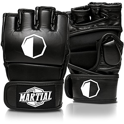 MARTIAL MMA Handschuhe mit hochwertiger Polsterung! Boxhandschuhe für hohe Stabilität im Handgelenk. Freefight Gloves mit langer Haltbarkeit für Kampfsport, Boxen, Kickboxen, Sparring inkl Beutel! (Schwarz, M)