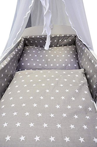 Best For Kids Komplettset Babybett Patrick 70x140 cm mit Matratze 10 cm und Bettwäsche inkl. Decke und Kissen - 6 Design (Sterne grau)