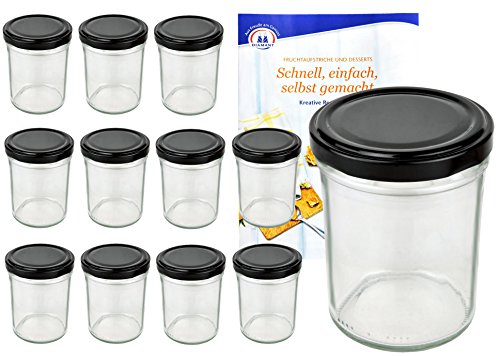 12er Set Sturzgläser 230 ml Hoch Deckelfarbe schwarz To 66 inkl. Diamant Gelierzauber Rezeptheft, Marmeladengläser, Einmachgläser, Einweckgläser, Gläser