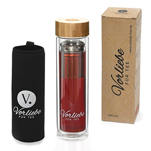 Vorliebe  Teeflasche mit Sieb 500ml aus Glas • Premium Teebereiter to go • Doppelwandig und BPA frei mit hochwertigem Edelstahl Teesieb • idealer Teebecher für unterwegs (500ml, Bambus)