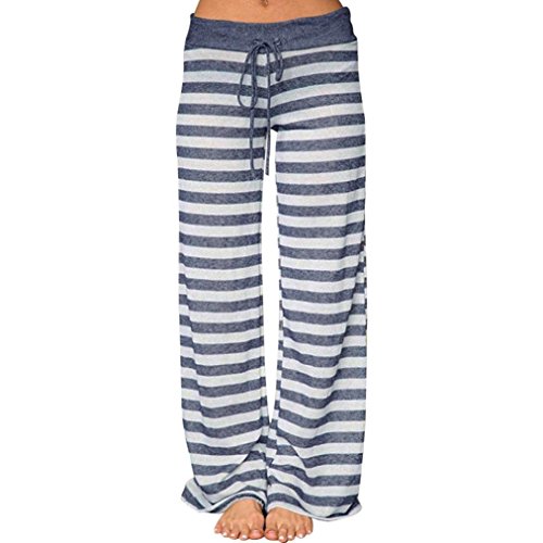 Longra Damen Hose Sommerhose Gestreift-Blumenmuster Hosen Locker Weite Bein Lange Hose Gamaschen Freizeithose Yoga Sporthose Damen Leichte Pumphose Haremshose Stretch Strandhose (2XL, Blue)