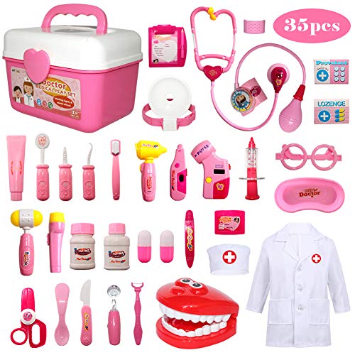 Buyger 35 Teile Arztkoffer Medizinisches Doktor Arztkittel Rollenspiel Spielzeug Geschenke Kinder(Rosa)