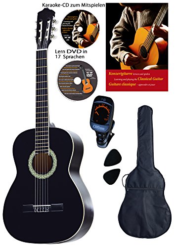 CLIFTON Konzertgitarre 4 4, schwarz, Ahorn Griffbrett und Brücke, Fichtendecke, Lern DVD, Karaoke CD, Songbook, gepolsterte Tasche mit Rückengarniture, 2 Stück Plectren, digitales Stimmgerät, Starter Set