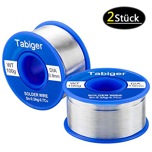 2 Stück Lötzinn (Lötzinn 1mm und lötzinn 0.8mm) Tabiger Bleifreies Lötdraht mit Kolophonium Kern 97Sn-2Rosin-0.7Cu-0.3Ag, 100g/ Stück Elektronik Lötzinn Solder Wire