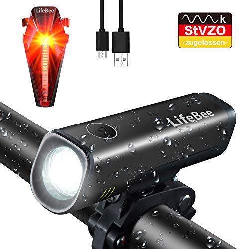 LIFEBEE LED Fahrradlicht Set, StVZO Zugelassen LED Fahrradbeleuchtung Fahrradlampe fahrradlichter USB Wiederaufladbare Set Wasserdicht Frontlicht Rücklicht 2600mAh 300Lumen Licht für Fahrrad Set