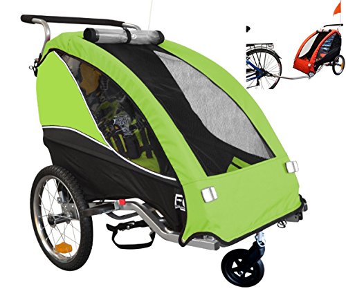 Papilioshop Fox Radanhänger für 1 Kind, Vorderrad drehbar, Kinderanhänger für das Fahrrad, klappbarer Anhänger mit Türöffnung, grün
