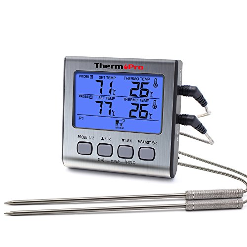 ThermoPro Digitales Grill-Thermometer Bratenthermometer Fleischthermometer mit Timer, zwei Edelstahlsonden, Blaue Hinterbeleuchtung, Temperaturbereich bis 300°C