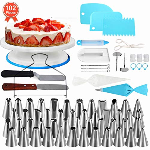 NEXGADGET 102 Teiliges Spritztüllen Set, Torten Dekoration Set mit 48 Edelstahldüsen, Spritzbeutel, Blumennägel, Koppler, Einweg-Spritzbeutel usw. Modellierwerkzeug für Torten Deko Backzubehör