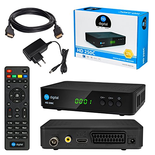 Kabel Receiver DVB-C SET: HB DIGITAL HD 250C DVB-C Receiver für Kabelfernsehen + HDMI Kabel mit Ethernet Funktion und vergoldeten Anschlüssen (Full HD Ready, HDTV, HDMI, SCART, USB 2.0, SPDIF Koaxial Ausgang, 230V/12V Camping Receiver)