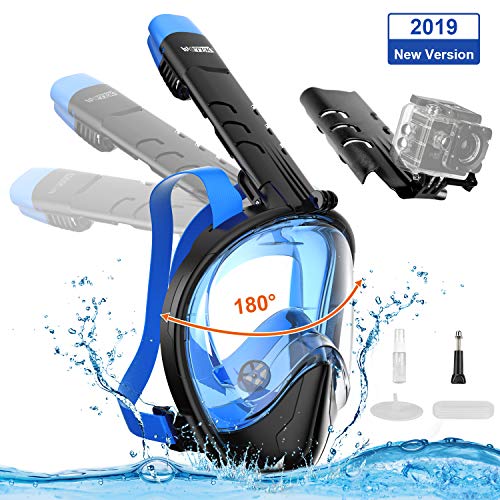 WOTEK Tauchmaske, Faltbare Vollmaske Schnorchelmaske Vollgesichtsmaske mit 180° Sichtfeld und Kamerahaltung, Dichtung aus Silikon Anti-Fog und Anti-Leck Technologie für Erwachsene, 2019