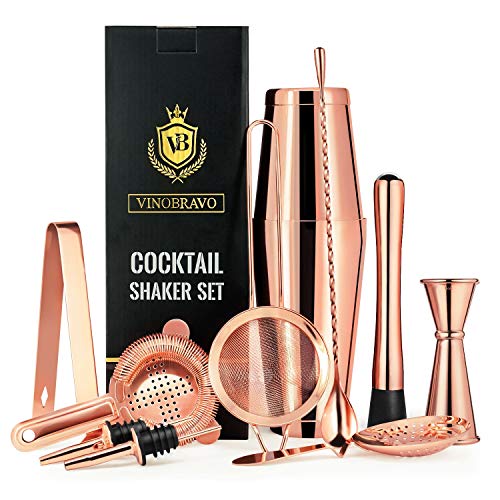 11-Teiliges Boston Cocktailshaker Bar Set von VinoBravo: 2 gewichtete Cocktail Shaker, Barsieb-Set, Doppeljigger, Barlöffel, Barstößel & Tong, 2 Spirituosenausgießer & Cocktailrezeptbuch