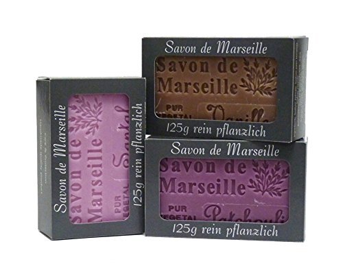 100% Naturseife: Patchouliseife, Sandelholzseife & Vanilleseife, 3-teiliges Seifenset (Savon de Marseille)