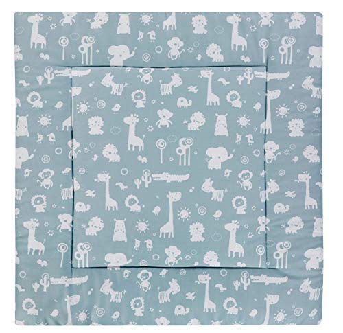 Alvi Krabbeldecke 100x100 cm Exclusiv/gepolsterte Babydecke, Laufstalleinlage 100x100cm / ideal als Spieldecke, Krabbeldecke und Laufgittereinlage, Design:Zootiere puderblau