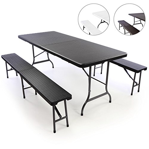 Gartengarnitur 1 Partytisch 2 Bänke klappbar Rattan-Optik Bierzeltgarnitur schwarz Set Festzelt Campingset Klapptisch robust wetterfest