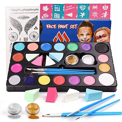 Miserwe Schminke-Set für Kinder Erwachsene Ungiftige Bodypaint Körpermalfarben Set Professionelle Gesichtsfarben Kinder Schminkpalette Waschbare Tattoofarbe mit 18 Farben Kinderschminke Set