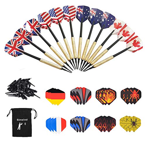 Sinwind Dartpfeile mit Kunststoffspitze, 12 Stück Soft Dartpfeile Set für Elektronische Dartscheibe + 36 Flights 12 Motive (enthält 6 Nationalflagge Stile) + 36 Kunststoff Dartspitzen