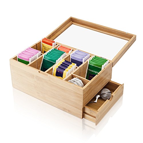 Amazy Teebox aus Bambus – Dekorative Teedose aus Holz mit 8 Trennfächern und Schublade für die Aufbewahrung von Tee (-beuteln) und anderem Zubehör