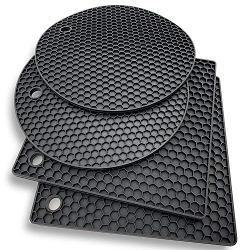 Silikon -Untersetzer: 4er set Topf-Halter und Untersetzer - Ofenhandschuhe,Hitzebeständiges Topflappen-Set für warme Speisen - Küchen-Topflappen, Glasöffner, Löffelhalter, topfuntersetzer - Schwarz
