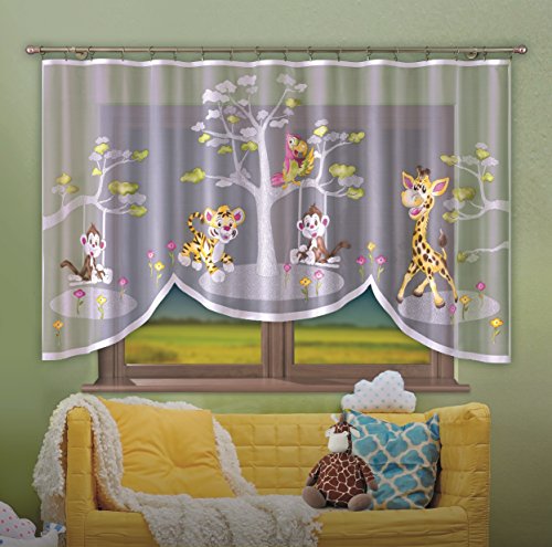 Promag Vorhang Gardine mit Kräuselband Kinderzimmer Kindergardine Junge Weiß 300 cm Extra Breit Dschungel Motiv Scheibengardine Kurzgardine Transparent Kurz Zoo Durchsichtig Universalband
