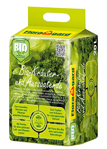 Floragard Bio Kräuter- und Aussaaterde 20 L • torfreduzierte Bio-Spezialerde • mit Bio-Naturdünger und Perlite • für Aussaaten, Jungpflanzen und Kräuter wie Basilikum, Thymian, Oregano, Lavendel, Minze