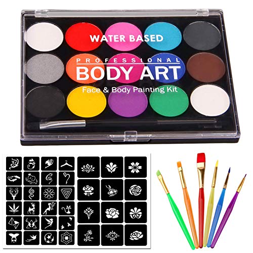 Kinderschminke Set Gesichtsfarbe,Siebwinn Professionelle Schminkpalette 15 Farbe Waschbar Farben+24 Schablonen+7 Pinsel, Professionelle Organische Facepaints Für Halloween Weihnachten Party