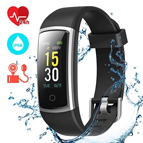 CHEREEKI Fitness Armband, Fitness Tracker mit Pulsmesser IP68 Wasserdichter Farbbildschirm Aktivitätstracker Fitness Uhr mit Blutdrucküberwachung Schrittzaehler Uhr Smart Watch Anruf SNS SMS (Schwarz)