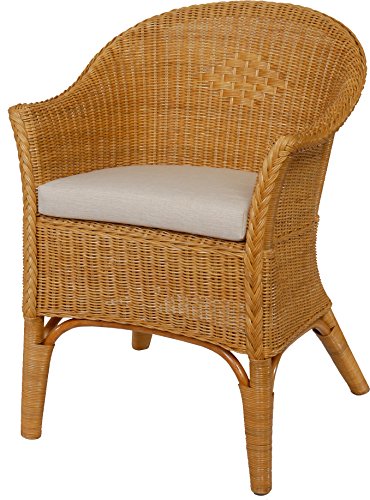 Rattan-Sessel Natur in der Farbe Honig Korb-Sessel inkl. Polster Beige, Rattanmöbel Rattansessel Rattanstuhl mit Armlehnen Lounge